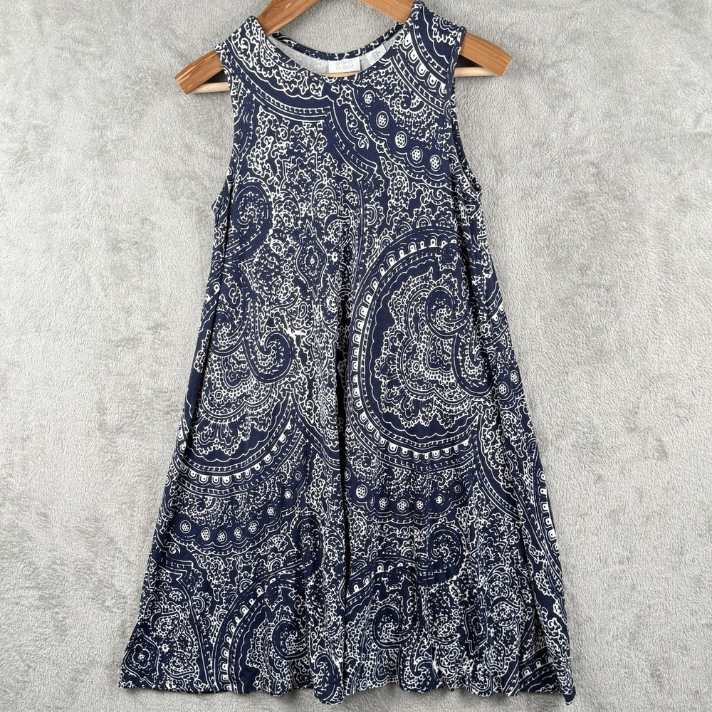 Sigrid Olsen Swing Dress Womens XS Navy and White Paisley Sleeveless Stretch Mid